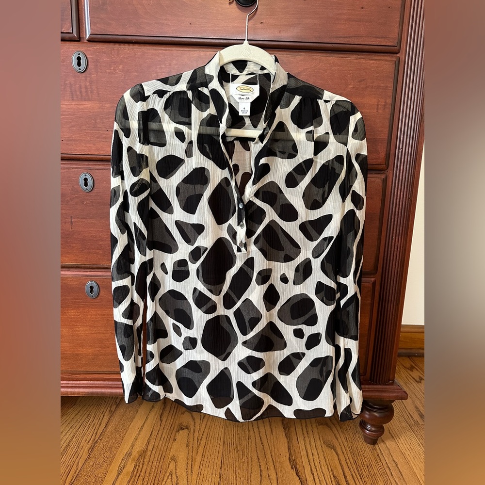 Talbots Silk Henley Blouse Black White Animal Print